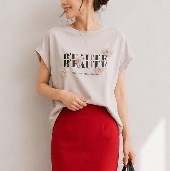 3D 立體花卉圖案法式袖 T-Shirt